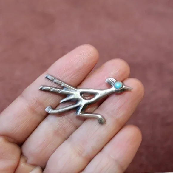 Native American Navajo Sterling Silver & Turquoise Roadrunner Pin Brooch 6.3g